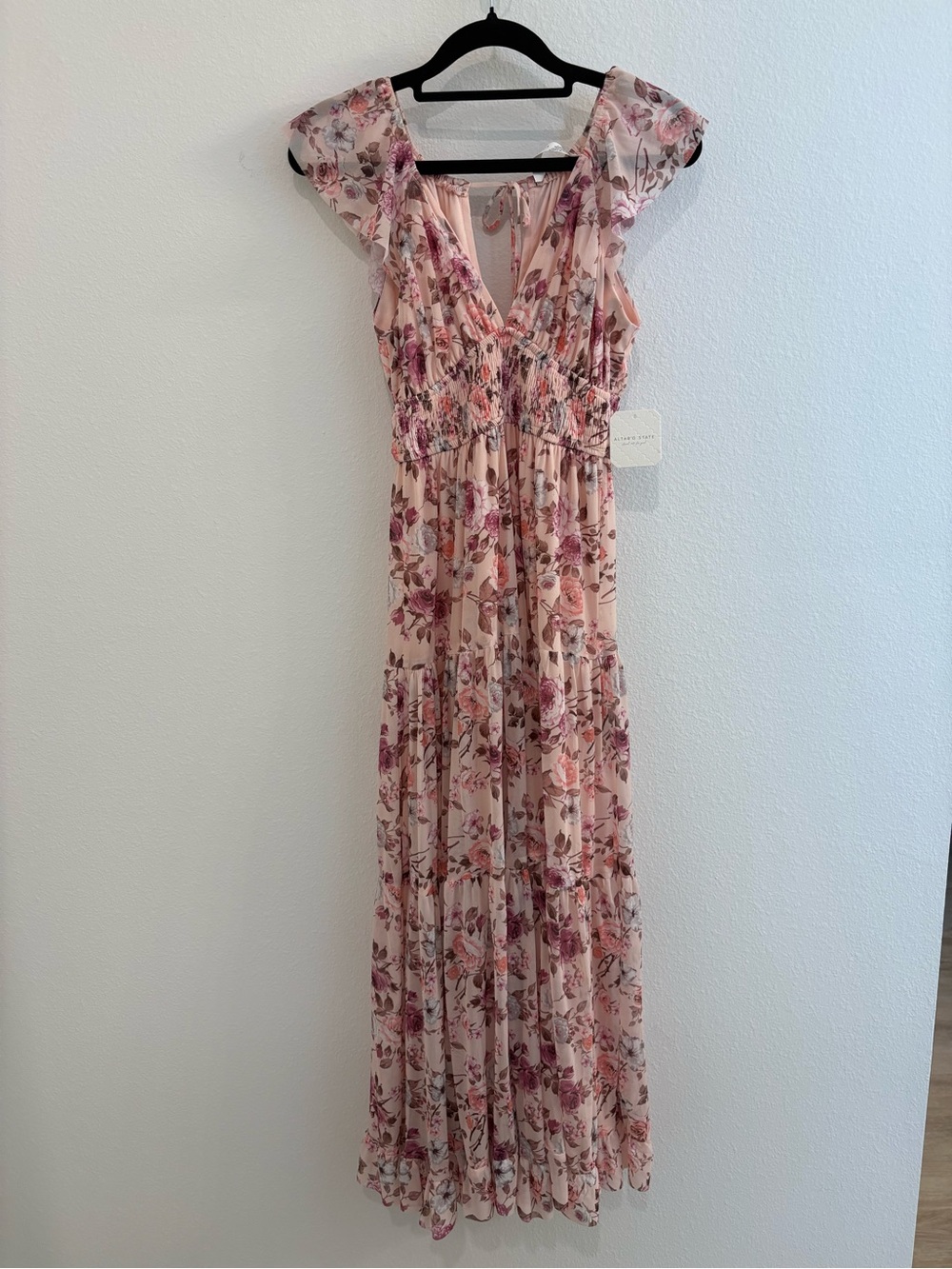NWT Altar'd State Floral Pink Maxi Dress with V-Neck and Tie-Back